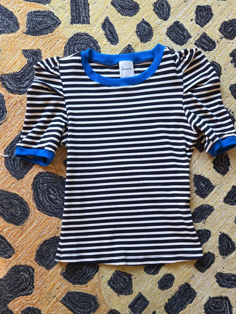 Maeve Black & White Striped Puff Sleeve Tee with Bright Blue Trim